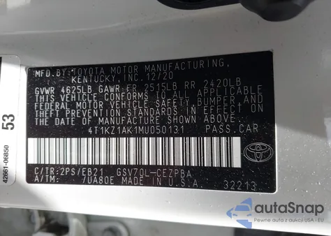 2021 Toyota Camry Trd from USA, damaged, VIN 4T1KZ1AK1MU050131